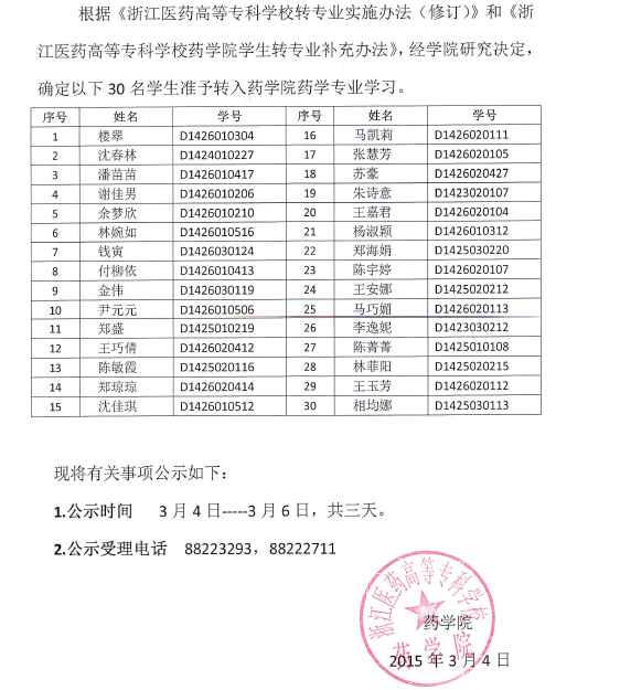 准予转入药学专业学生名单公示